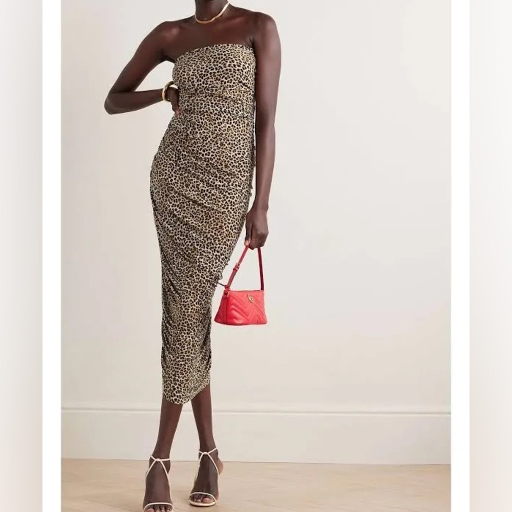 NWOT Norma Kamali Diana Strapless Ruched Asymmetric Leopard-print Midi Dress